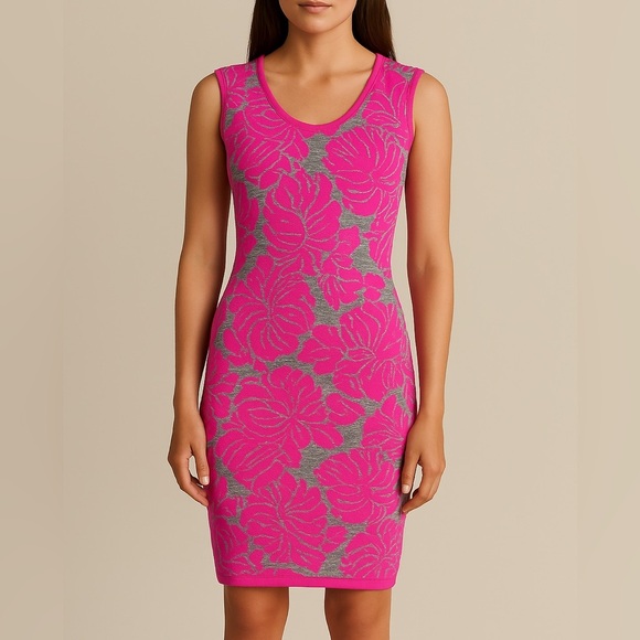 Milly Neon Pink and Gray Tropical Knit Sleeveless Sheath‎ Dress - Picture 1 of 9